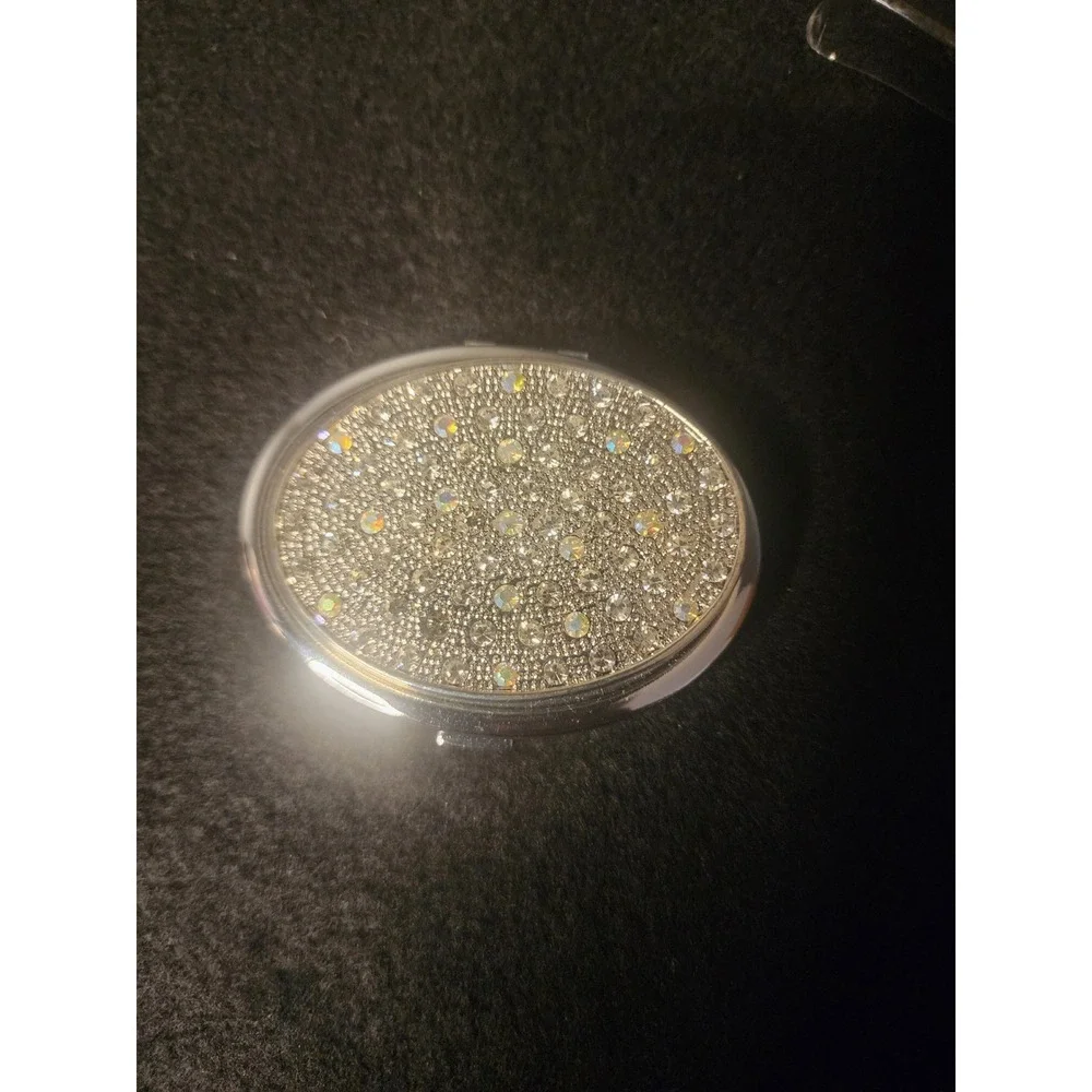 Silver Rhinestone Oval Compact Mirror Dual Folding Pocket Makeup Mirror Glam